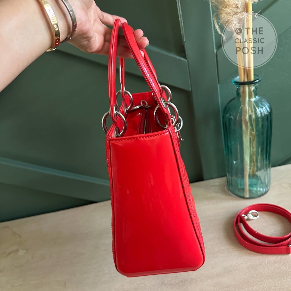 ❌SOLD❌EUC Christian Dior Lady Medium Patent Red Orange Silver HW - Picture 3 of 16